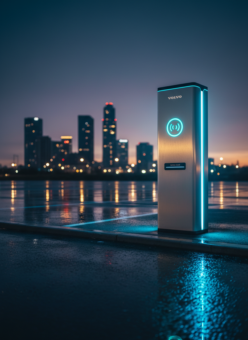 A futuristic Volvo charging station pedestal at the edge of an empty, wet asphalt lot at dusk, with a glowing contactless payment symbol and a discreet Volvo Card reader inset into its brushed aluminum surface. Reflections of distant city lights shimmer in the slick ground. The station emits a cool Volvo-blue light that spills onto the asphalt, creating a bold halo around the pedestal. Photographic realism with a low-angle perspective emphasizes the station against a softly blurred skyline. The mood is daring and forward-looking, suggesting seamless, card-based access to mobility services and marketing the Volvo Card as a key to an electrified lifestyle.